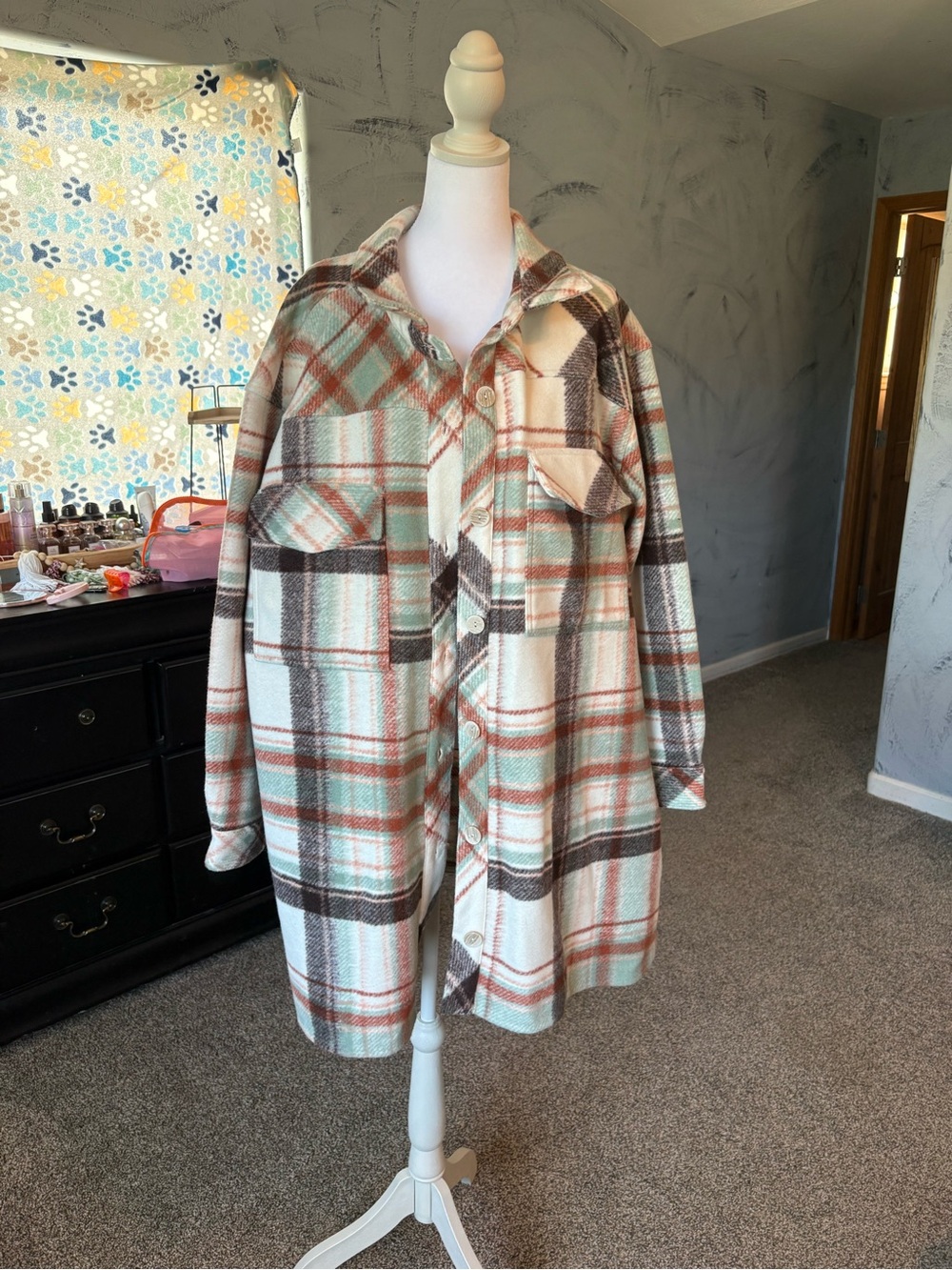 Maurices Cream Plaid Teddy Shacket with Mint & Brown Accents